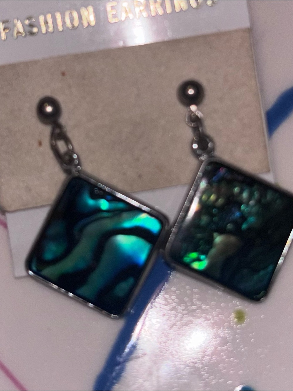 Square Abalone Drop Earrings in Iridescent Blue-Green